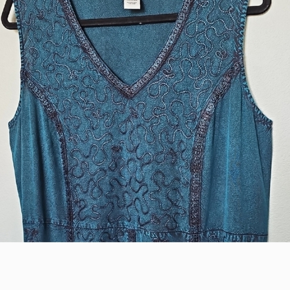 Catherines Fairy Goth Victorian Steampunk Teal Embroidered Maxi House Dress 0X - Picture 2 of 7